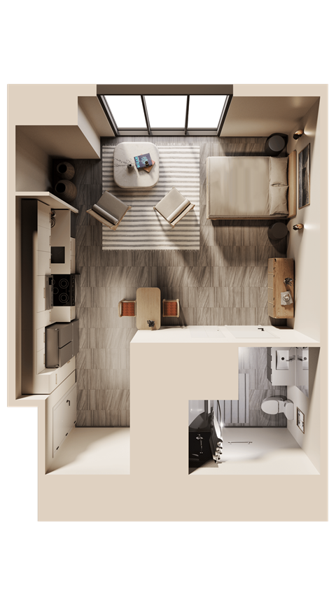 Floor plan for studio, 1 bath, 542 sqft
